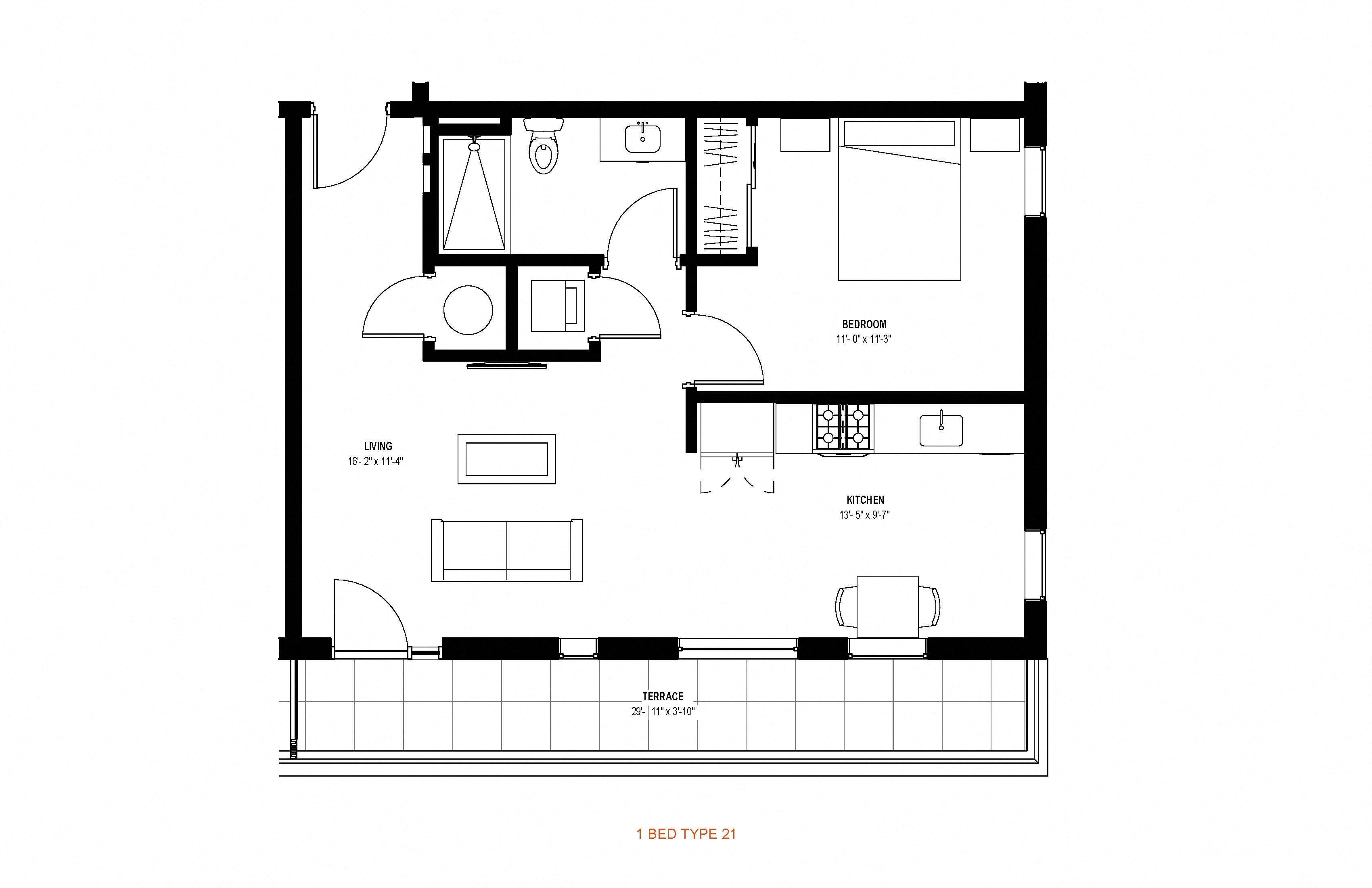 Floor plan for 1 bed, 1 bath, 694 sqft